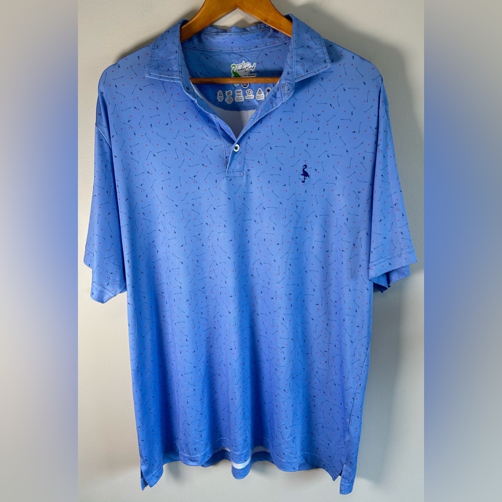 TailorByrd Mens Golf Print Polo Shirt Size XL Performance Stretch Blue AOP EUC